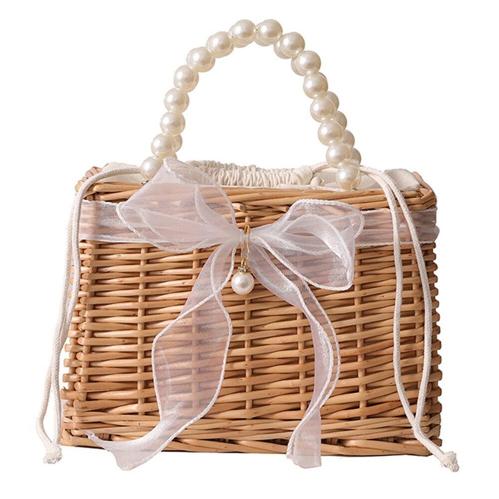 8653 Wicker Basket Lace Ribbon Handbag Vacation Wedding Woven Handbag